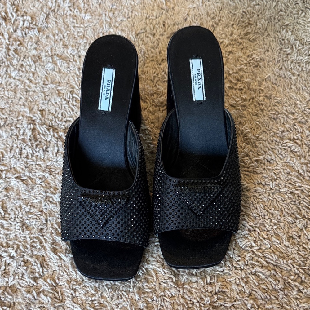Prada satin crystal embellished Women's Black Studded Mules